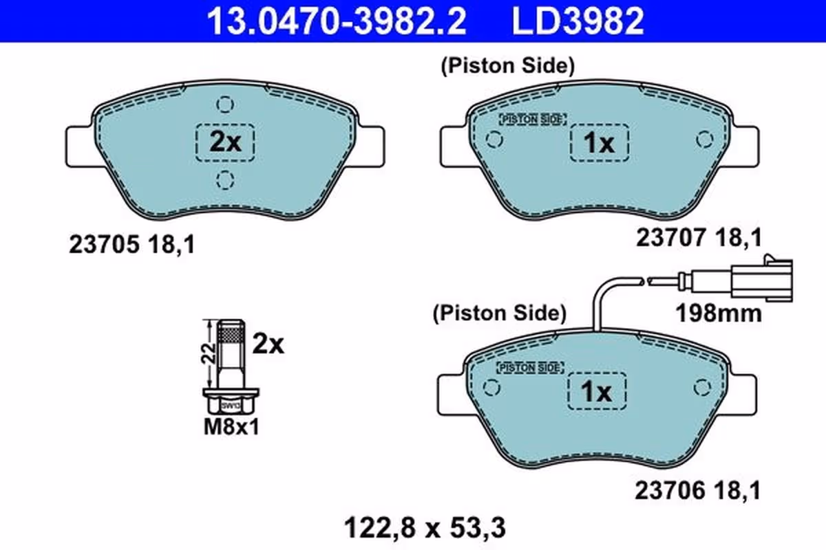 ATE plaquettes de frein 13.0470-3982.2 122,8x53,3 épaisseur 18,1 mm avec témoin