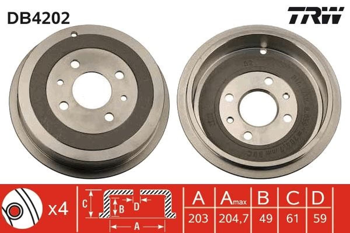 TRW DB4202 Tambour de frein 203 mm 4 trous entraxe 98 mm