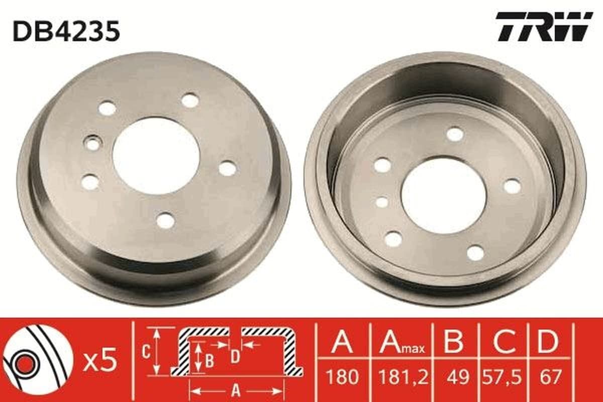 TRW DB4235 Tambour de frein 180 mm 5 trous entraxe 112 mm