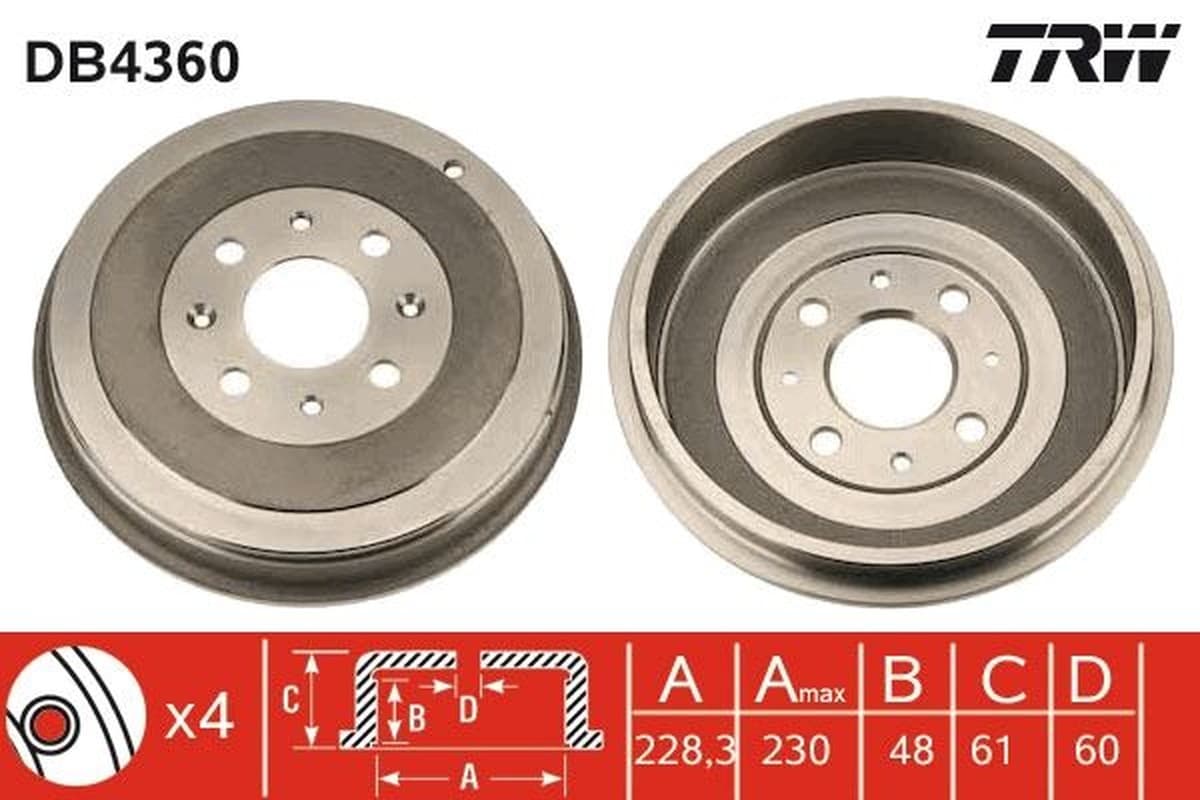 TRW DB4360 Tambour de frein 228,3 mm 4 trous entraxe 100 mm