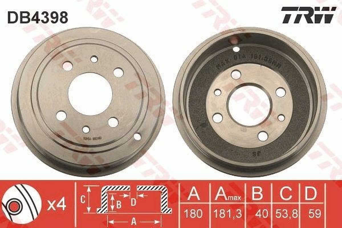 TRW DB4398 Tambour de frein 180 mm 4 trous entraxe 98 mm