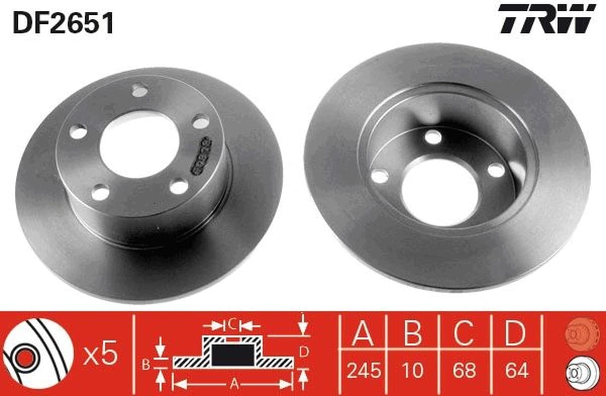 TRW disque de frein DF2651 plein diamètre 245 épaisseur 10 mm 5 trous