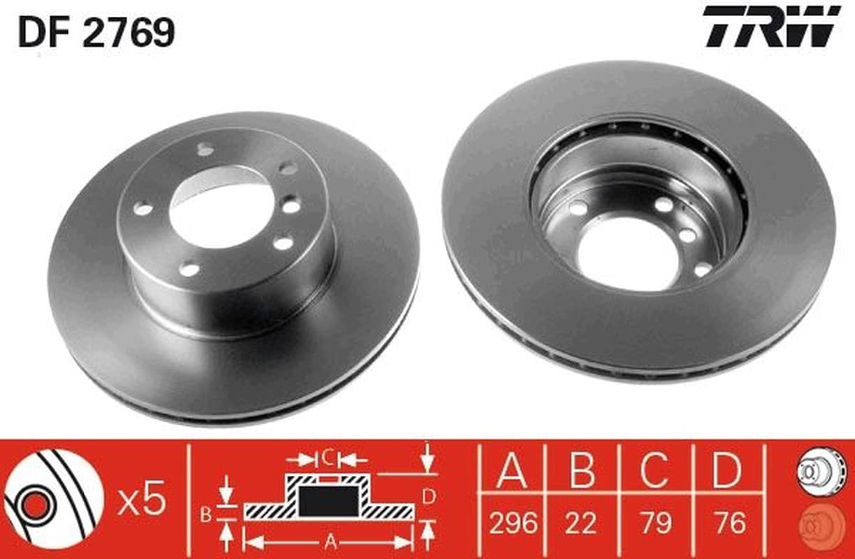 TRW disque de frein DF2769 ventilé diamètre 296 épaisseur 22 mm 5 trous