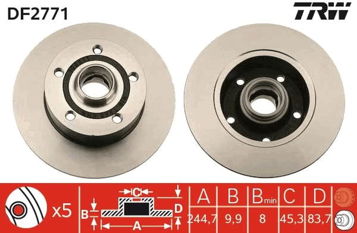 TRW disque de frein DF2771 plein diamètre 245 épaisseur 9,9 mm 5 trous