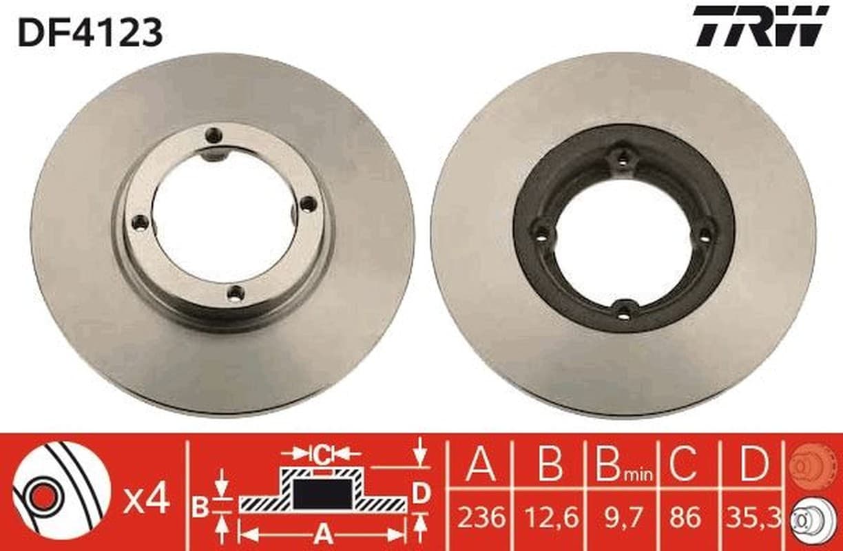 TRW Bremsscheibe DF4123 voll Durchmesser 236 Stärke 12,6 mm 4 Bohrungen