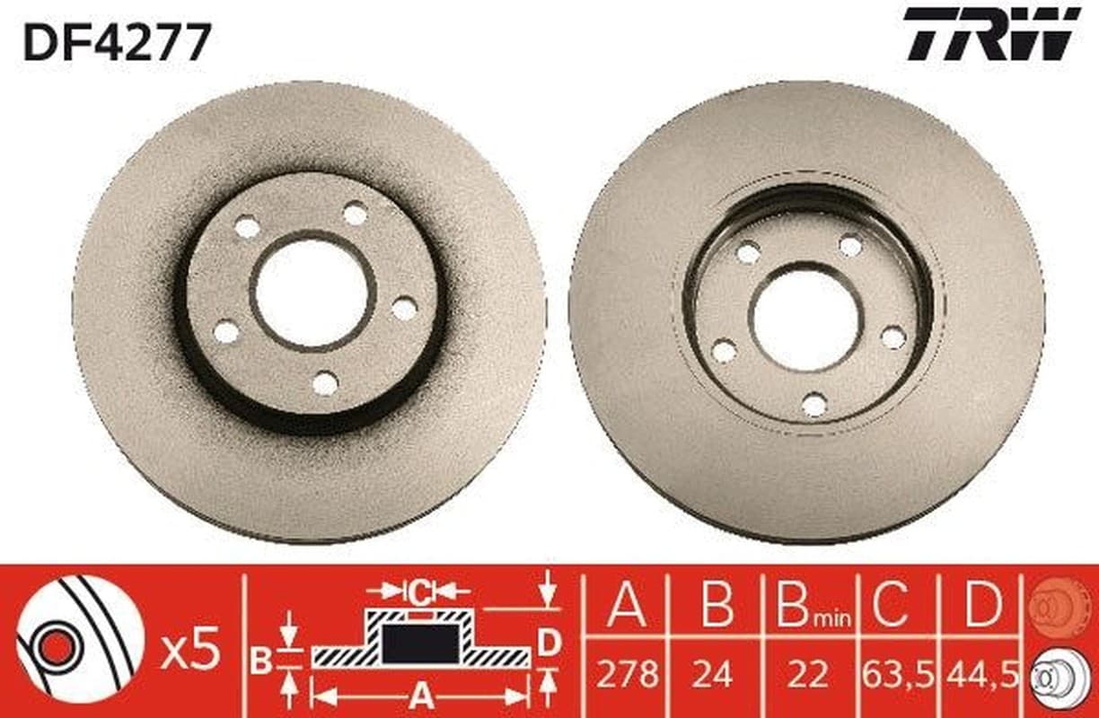 TRW disque de frein DF4277 ventilé diamètre 278 épaisseur 24 mm 5 trous