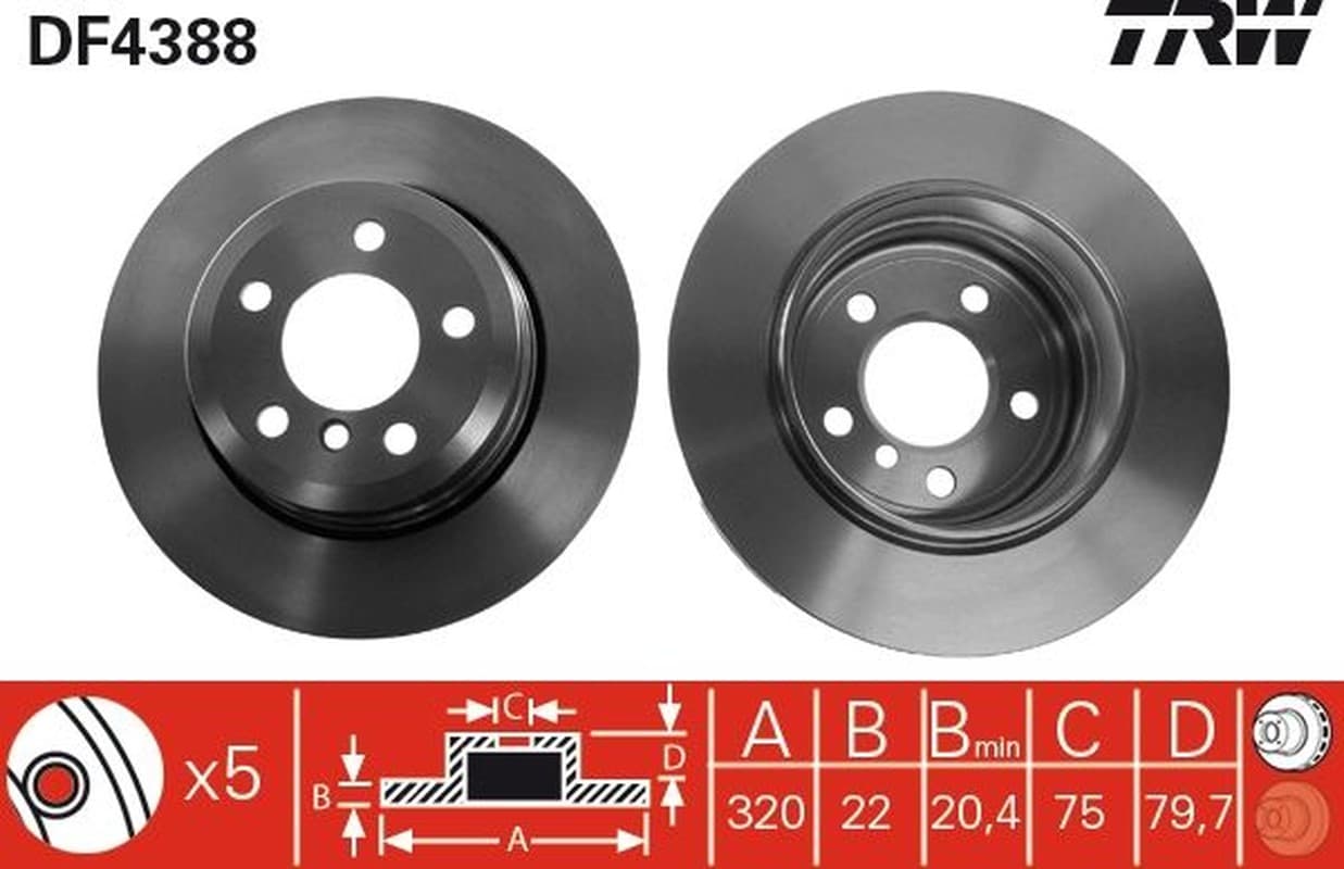 TRW Bremsscheibe DF4388 belüftet Durchmesser 320 Stärke 22 mm 5 Bohrungen