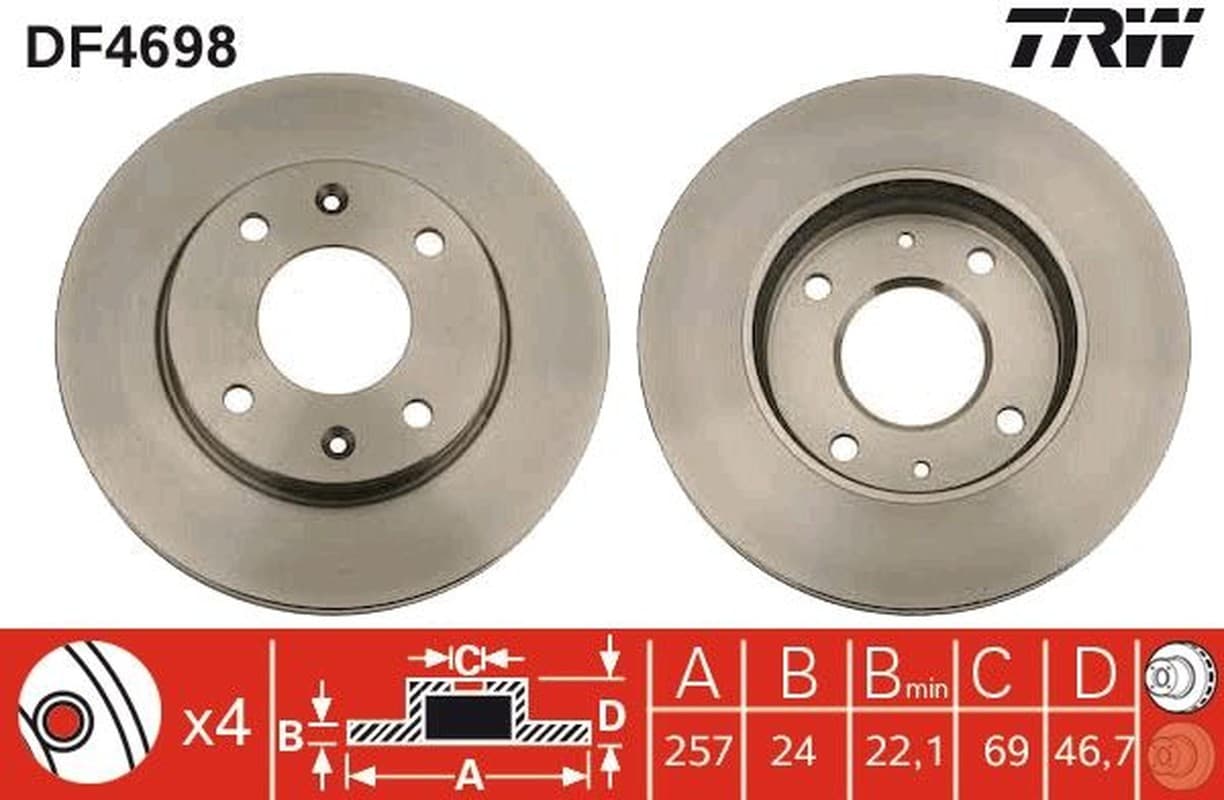 TRW disque de frein DF4698 ventilé diamètre 257 épaisseur 24 mm 4 trous