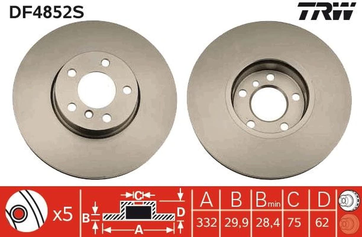 TRW Bremsscheibe DF4852S belüftet Durchmesser 332 Stärke 29,9 mm 5 Bohrungen