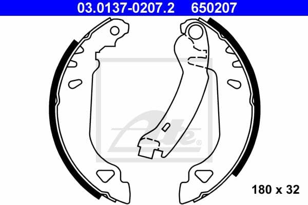 ATE Jeu de machoires de frein 03.0137-0207.2 diamètre 180 mm 32 mm E1 90R-011043/184 avec levier