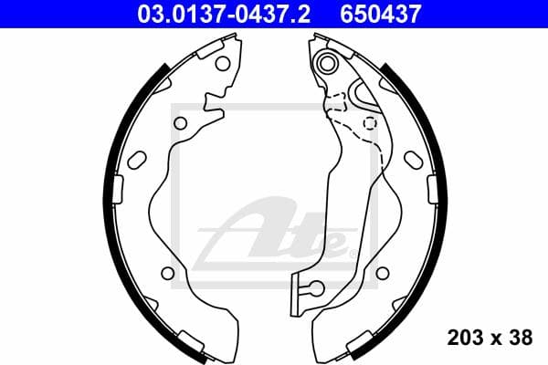 ATE Bremsbackensatz 03.0137-0437.2 Durchmesser 203 mm 38 mm 02B01260/28348, E11 90R- mit Hebel