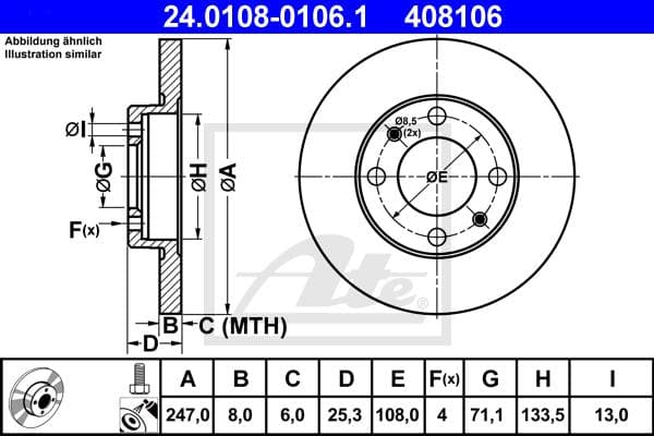 ATE disque de frein 24.0108-0106.1 plein diamètre 247 épaisseur 8 mm 4 trous