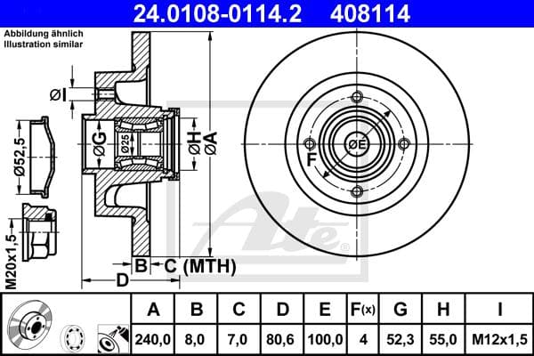 ATE Bremsscheibe 24.0108-0114.2 voll Durchmesser 240 Stärke 8 mm 4 Bohrungen
