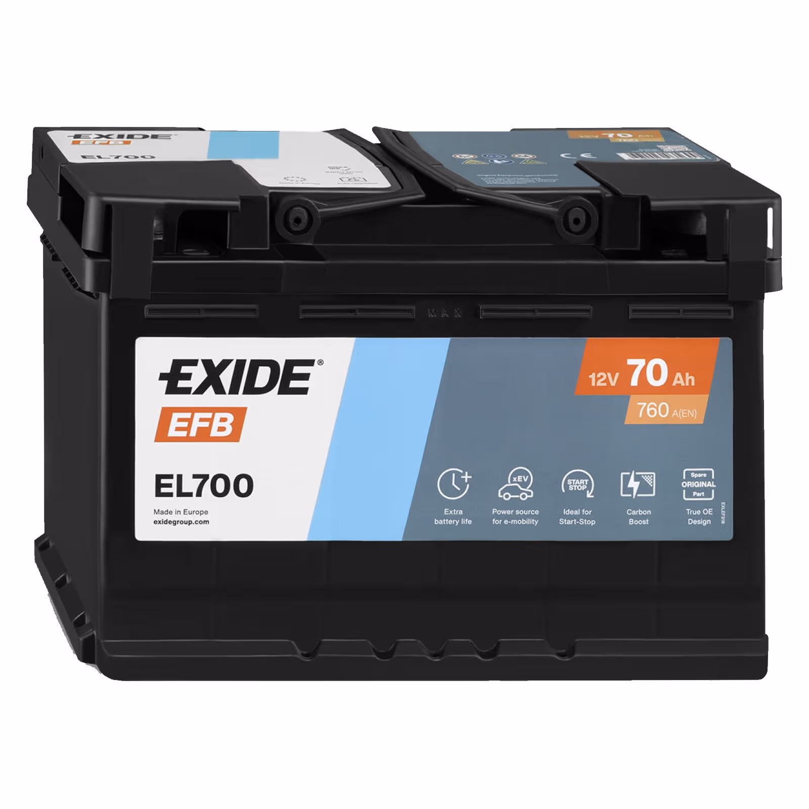 EXIDE EFB EL700 Batterie Start&Stop EFB 12V 70Ah 720A droite 278x175x190 mm