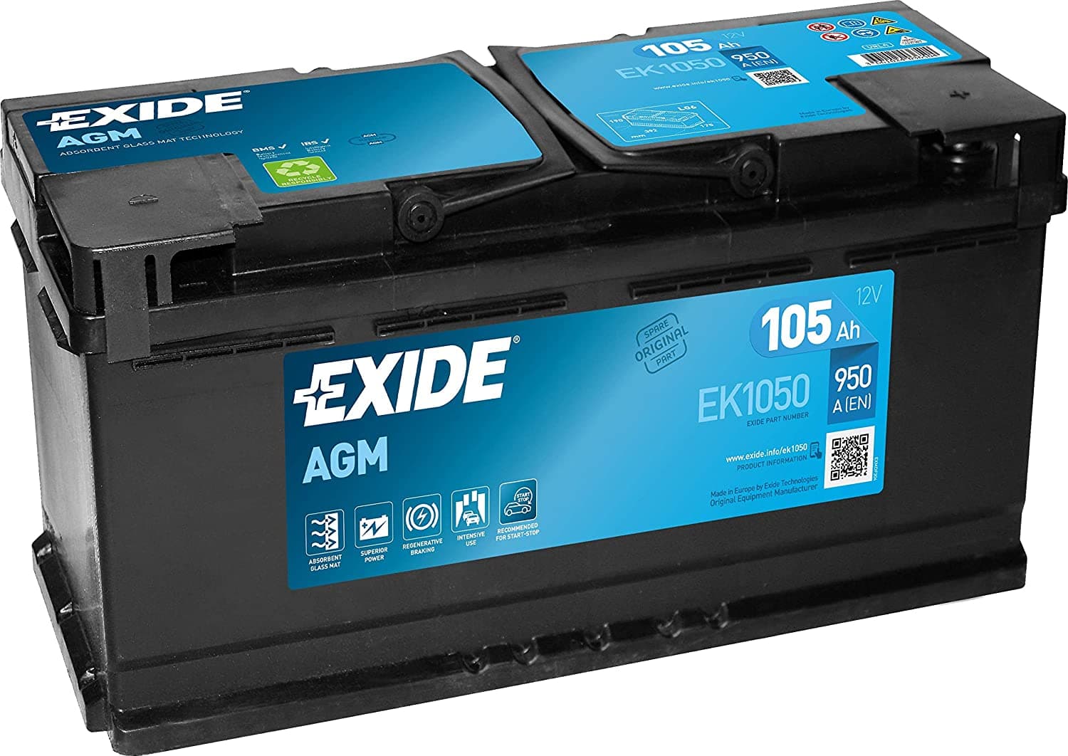 EXIDE AGM EK1050 Batterie auto AGM 12V 105Ah 950A droite 392x175x190 mm