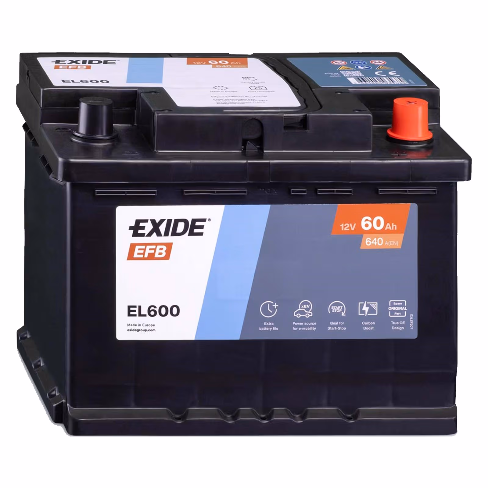 EXIDE EFB EL600 Batterie Start&Stop EFB 12V 60Ah 640A droite 242x175x190 mm