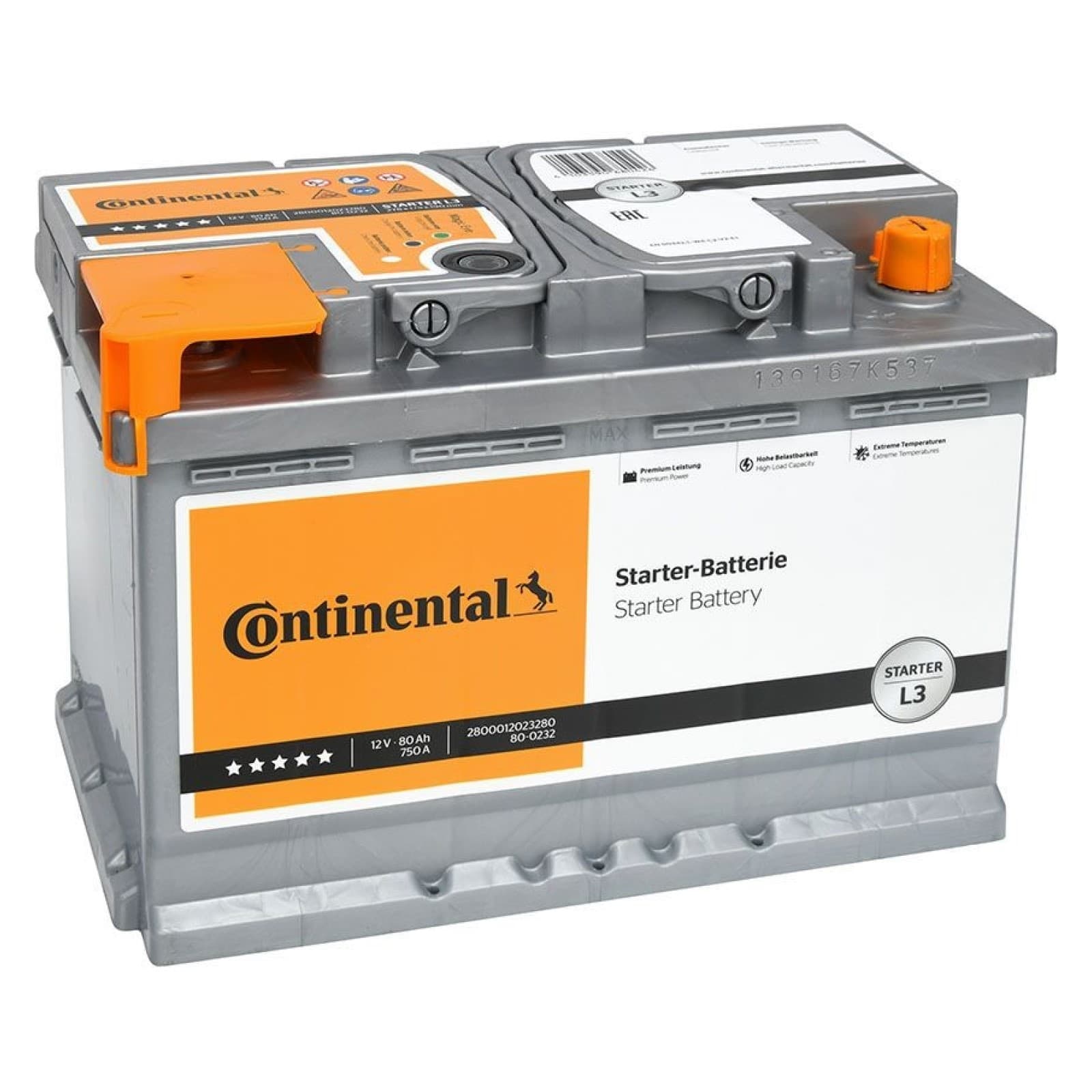CONTINENTAL L3 Batterie auto plomb-acide 12V 80Ah 750A droite 278x175x190 mm