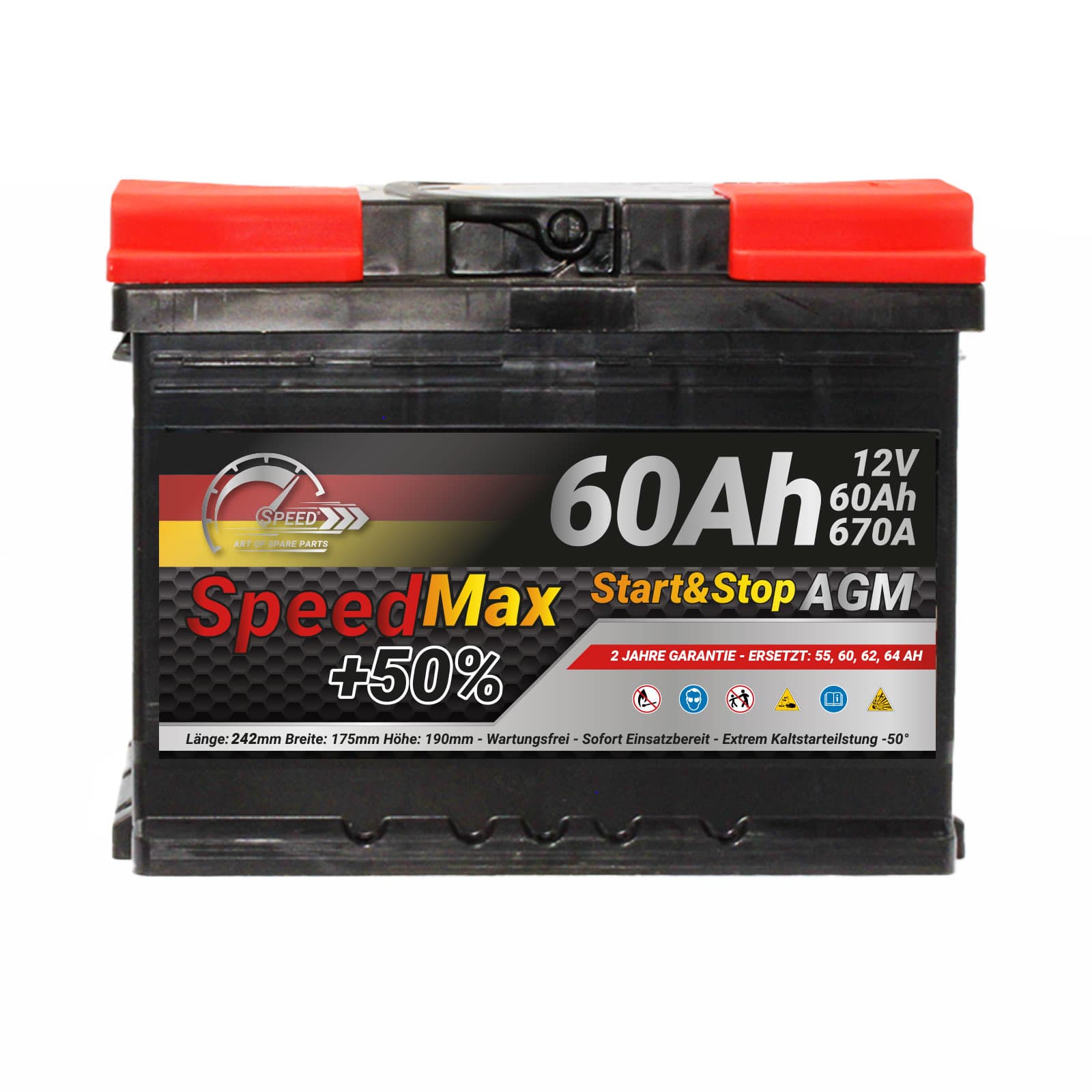 SPEED MAX Autobatterie +50% AGM 12V 60Ah 670A rechts 242x175x190 mm L260AGMMAX