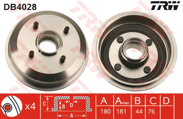 TRW DB4028 Bremstrommel 180 mm 4 Löcher LK 108