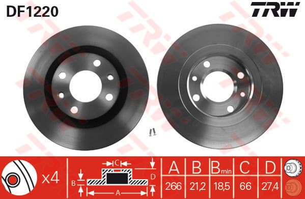 TRW disque de frein DF1220 ventilé diamètre 266 épaisseur 20,5 mm 4 trous