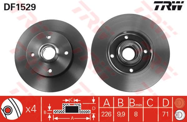 TRW Bremsscheibe DF1529 voll Durchmesser 226 Stärke 10 mm 4 Bohrungen