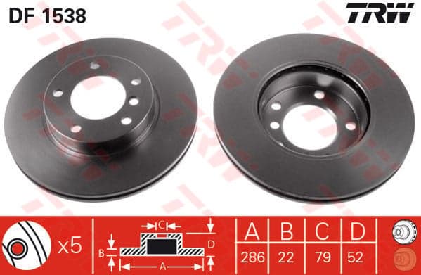 TRW Bremsscheibe DF1538 belüftet Durchmesser 286 Stärke 22 mm 5 Bohrungen