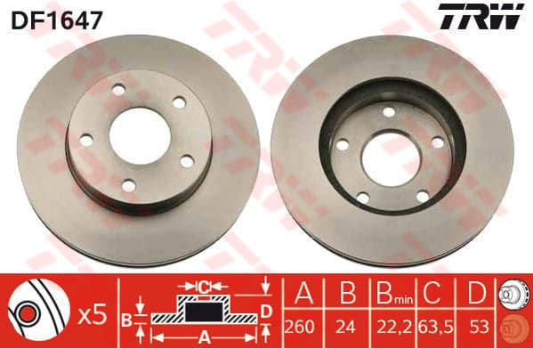 TRW Bremsscheibe DF1647 belüftet Durchmesser 260 Stärke 24 mm 5 Bohrungen