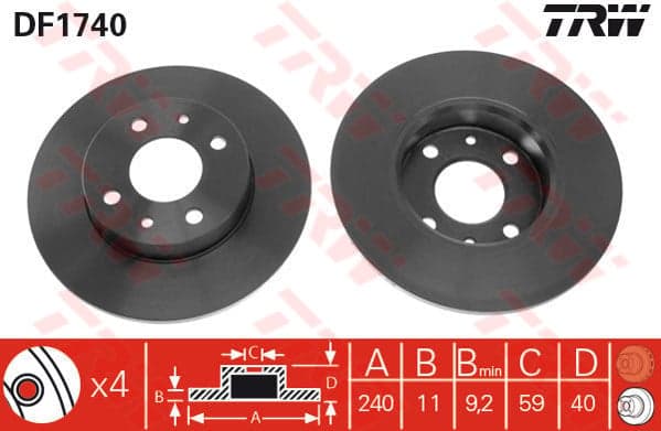 TRW disque de frein DF1740 plein diamètre 240 épaisseur 11 mm 4 trous