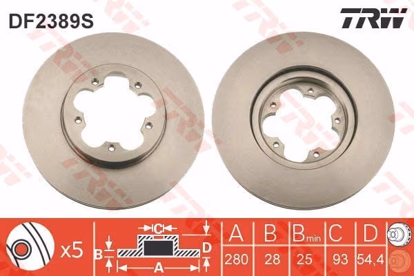 TRW Bremsscheibe DF2389S belüftet Durchmesser 280 Stärke 28 mm 5 Bohrungen