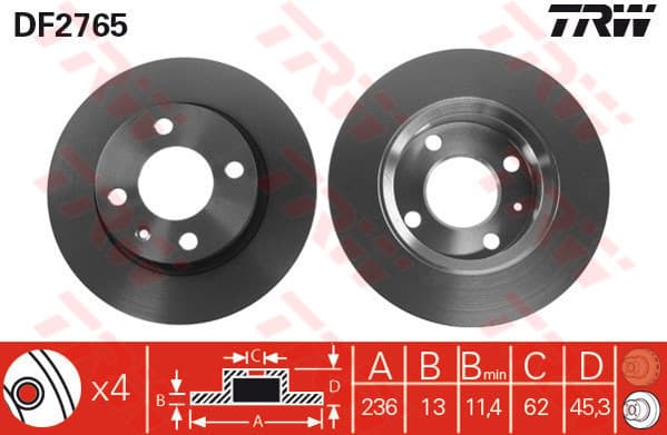 TRW Bremsscheibe DF2765 voll Durchmesser 236 Stärke 13 mm 4 Bohrungen