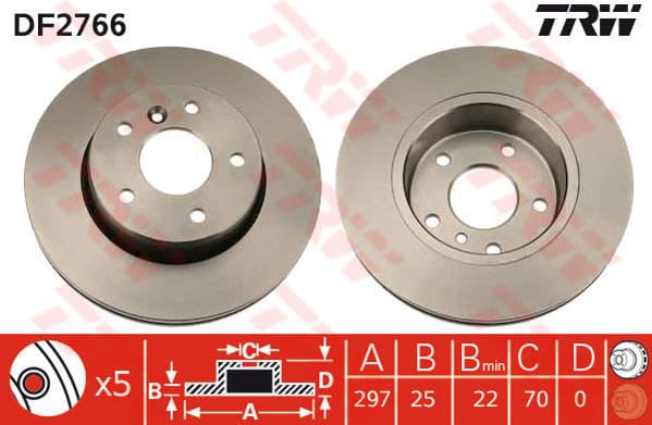 TRW disque de frein DF2766 ventilé diamètre 297 épaisseur 25 mm 5 trous
