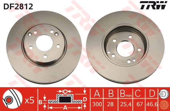 TRW disque de frein DF2812 ventilé diamètre 300 épaisseur 28 mm 5 trous