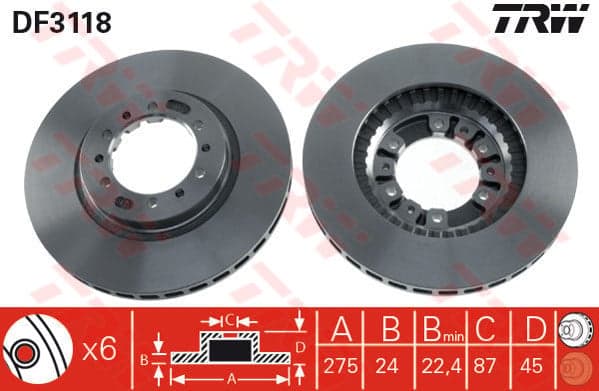 TRW Bremsscheibe belüftet Durchmesser 276 mm Stärke 24 mm 6 Löcher DF3118