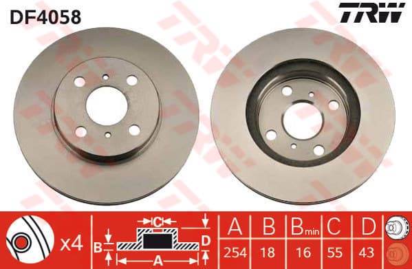TRW Bremsscheibe DF4058 belüftet Durchmesser 254 Stärke 18 mm 4 Bohrungen