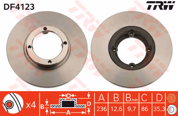 TRW Bremsscheibe DF4123 voll Durchmesser 236 Stärke 12,6 mm 4 Bohrungen