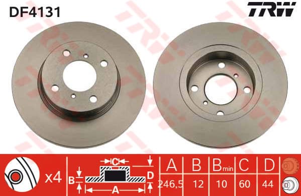 TRW Bremsscheibe DF4131 voll Durchmesser 246,5 Stärke 12 mm 4 Bohrungen