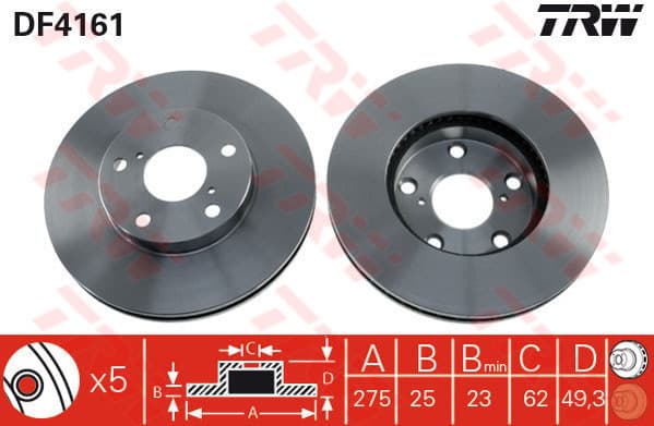 TRW Bremsscheibe DF4161 belüftet Durchmesser 275 Stärke 25 mm 5 Bohrungen