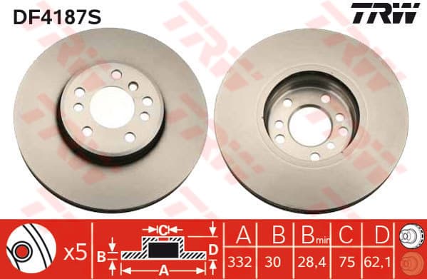 TRW disque de frein DF4187S ventilé diamètre 332 épaisseur 30 mm 5 trous