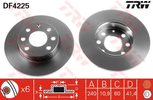 TRW disque de frein DF4225 plein diamètre 240 épaisseur 10,9 mm 6 trous