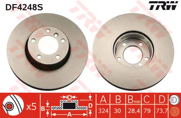 TRW Bremsscheibe DF4248S belüftet Durchmesser 324 Stärke 30 mm 5 Bohrungen