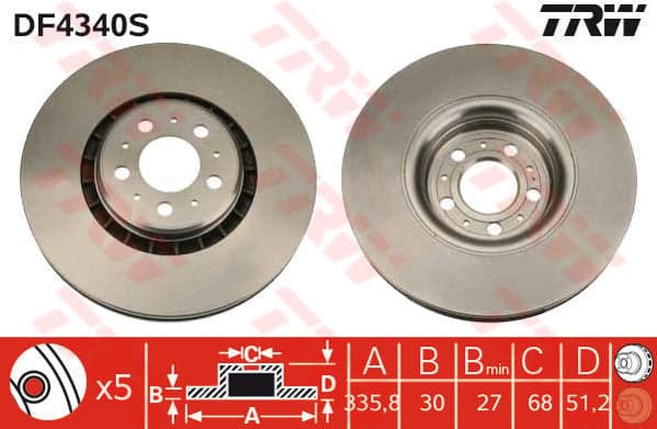 TRW disque de frein DF4340S ventilé diamètre 336 épaisseur 30 mm 5 trous