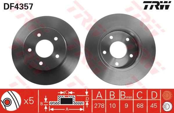 TRW Bremsscheibe DF4357 voll Durchmesser 278 Stärke 10 mm 5 Bohrungen