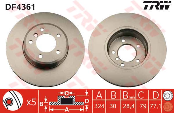 TRW Bremsscheibe DF4361 belüftet Durchmesser 324 Stärke 30 mm 5 Bohrungen