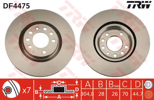 TRW disque de frein DF4475 ventilé diamètre 304,8 épaisseur 28 mm 7 trous