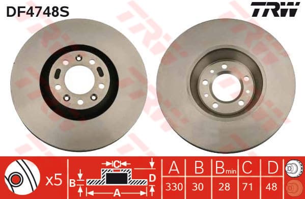 TRW Bremsscheibe DF4748S belüftet Durchmesser 330 Stärke 30 mm 5 Bohrungen
