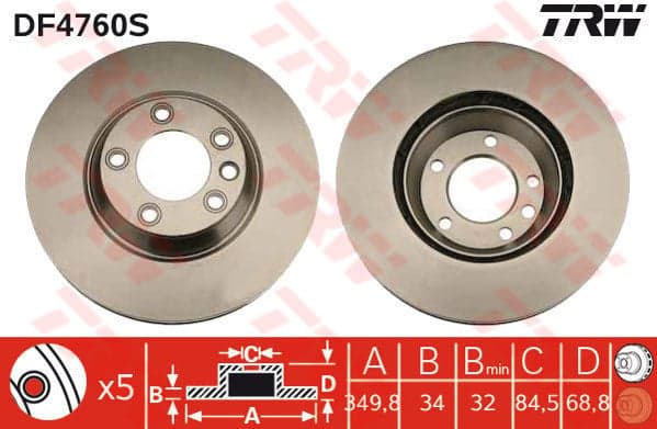 TRW Bremsscheibe DF4760S belüftet Durchmesser 350 Stärke 34 mm 5 Bohrungen