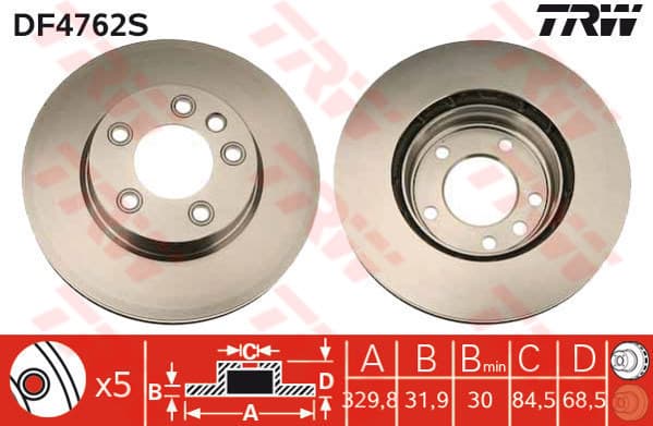 TRW Bremsscheibe DF4762S belüftet Durchmesser 330 Stärke 31,9 mm 5 Bohrungen