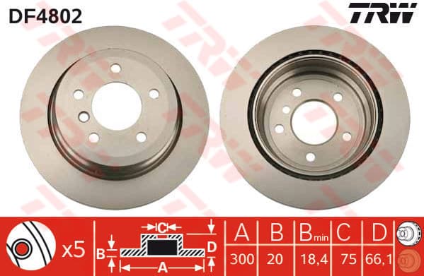 TRW disque de frein DF4802 ventilé diamètre 300 épaisseur 20 mm 5 trous
