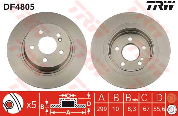 TRW disque de frein DF4805 plein diamètre 300 épaisseur 10 mm 5 trous