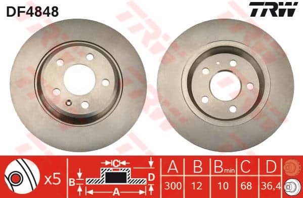 TRW Bremsscheibe DF4848 voll Durchmesser 300 Stärke 12 mm 5 Bohrungen